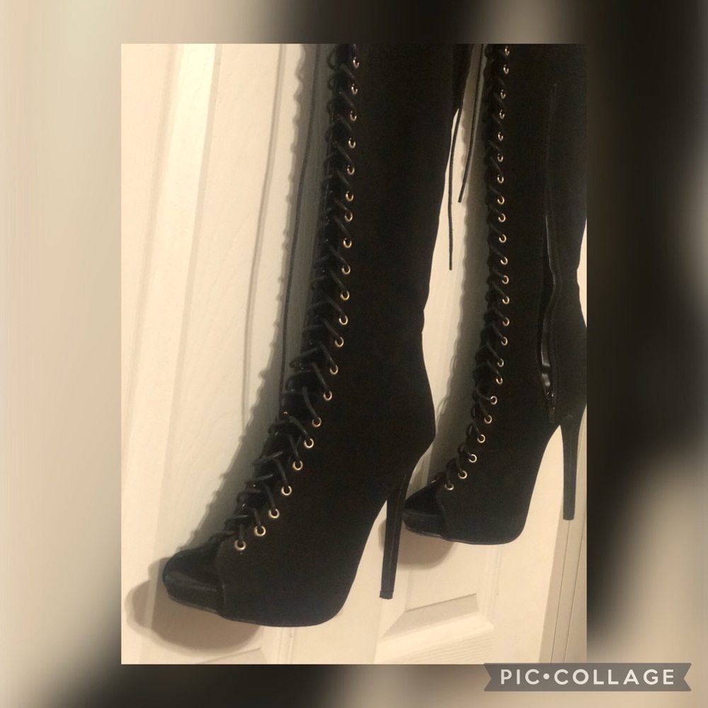 Knee high black toeless boots